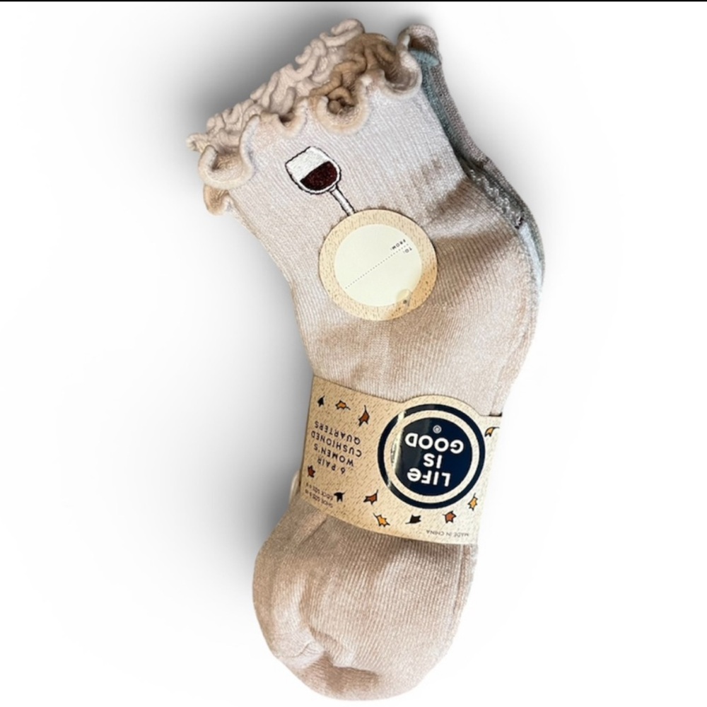 🆕 Life Is Good WINE GLASS Ruffle Cuff Quarter Socks 6 Pack
